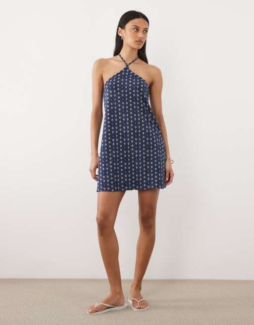 Mango Teen halterneck mini dress in blue print, 2 of 4