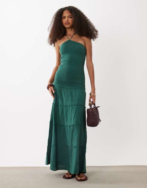 Mango Teen halterneck tiered maxi dress in green, 3 of 4