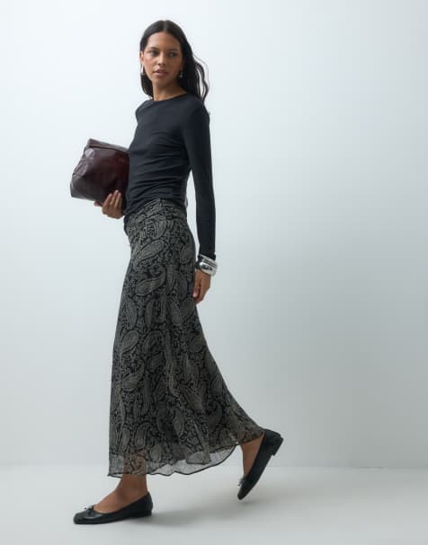 Mango Teen hanky hem midi skirt in black print - view 1