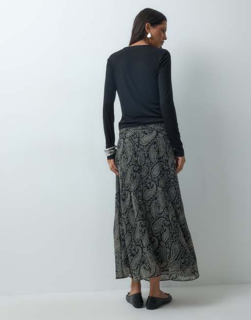 Mango Teen hanky hem midi skirt in black print, 5 of 5