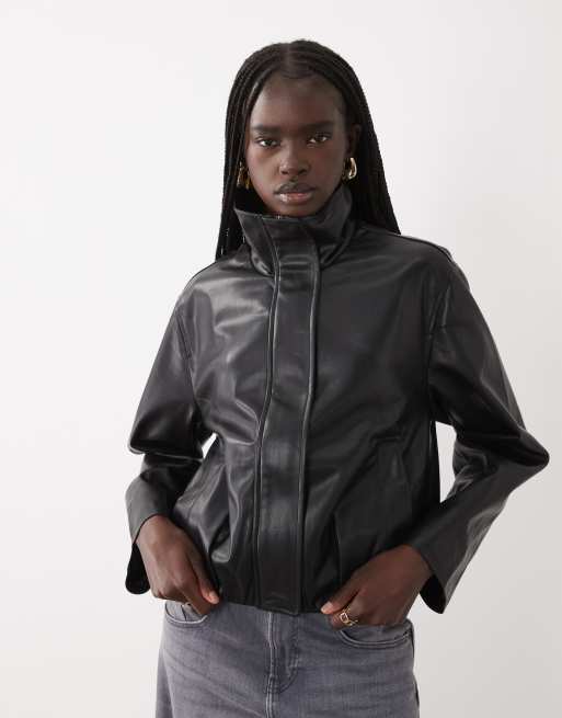 Mango Teen high neck faux leather jacket in black, 2 of 4