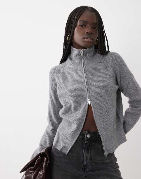 Mango Teen high neck knitted zip through cardigan in grey - view 1