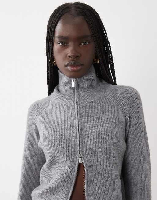 Mango Teen high neck knitted zip through cardigan in grey, 2 of 4