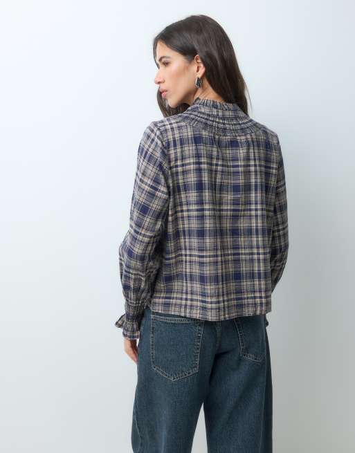 Mango Teen high neck long sleeve top in indigo check print, 3 of 4