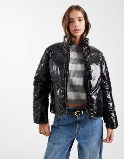 Mango Teen high shine puffer coat in black - view 1