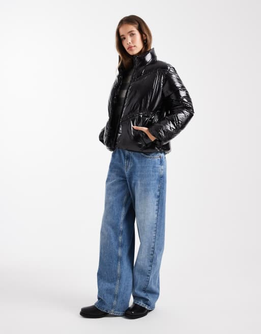 Mango Teen high shine puffer coat in black , 3 of 4