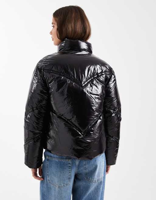 Mango Teen high shine puffer coat in black , 4 of 4