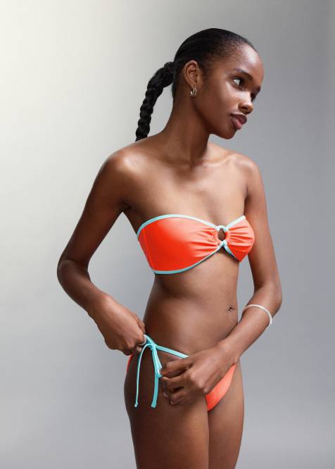 Mango Teen – Jaskrawopomarańczowe bikini z dekoltem bandeau, wiązaniem w talii i niebieską lamówką - view 1