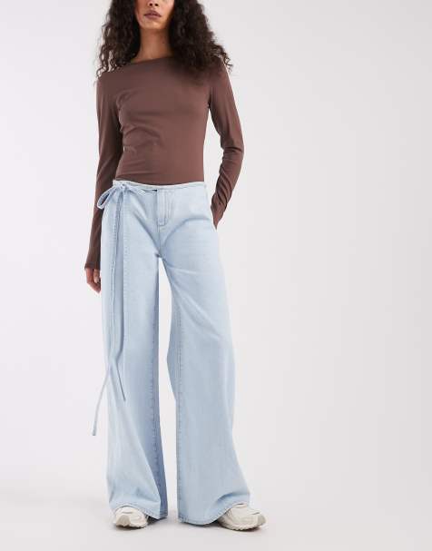 Mango – Teen – Jeans aus reiner Baumwolle in Hellblau mit weitem Bein und Bindegürtel - view 1