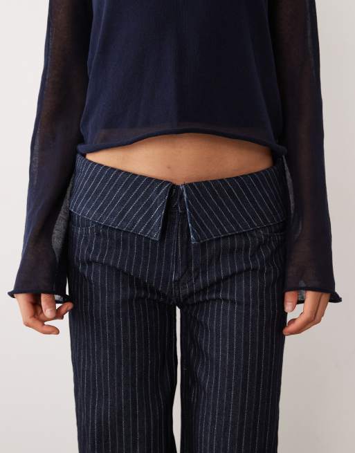 Mango Teen jeans dritti con vita ripiegata e stampa a righe indaco, 2 di 5