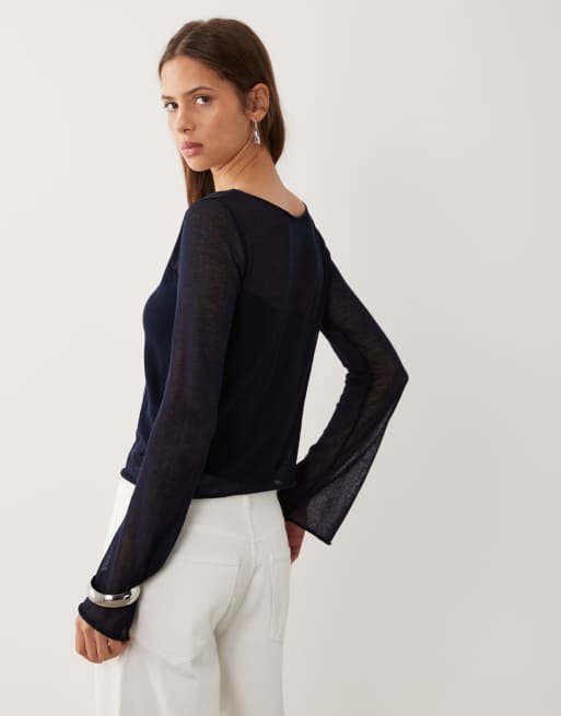 Mango Teen jumper with flared sleeves in navy, 3 of 4