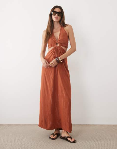Mango Teen jurk met ringdetail, uitsnijding en halternek in roestkleur - view 1