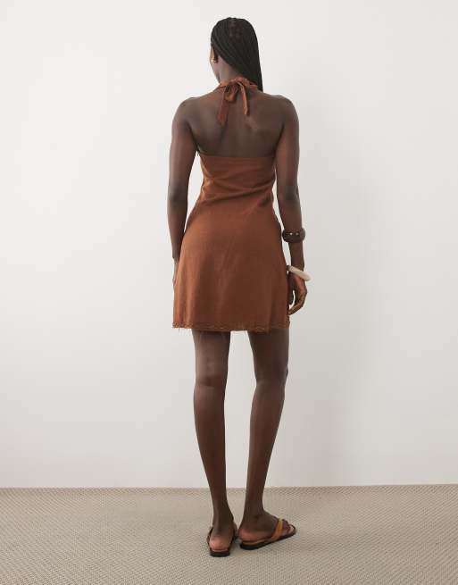 Mango Teen kjole med halterneck og pynt i brun, mini, 2 af 4