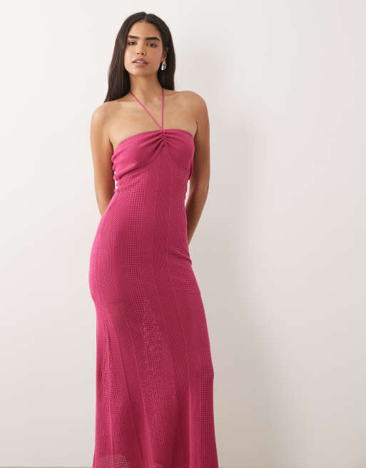 Mango Teen knit halterneck maxi dress in bright pink, 2 of 4