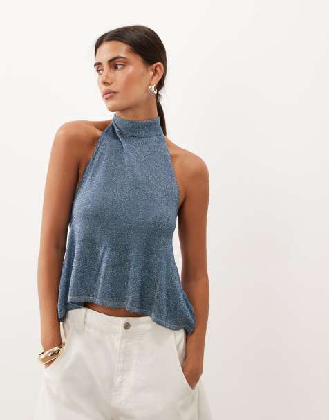 Mango Teen knit halterneck top in blue silver - view 1