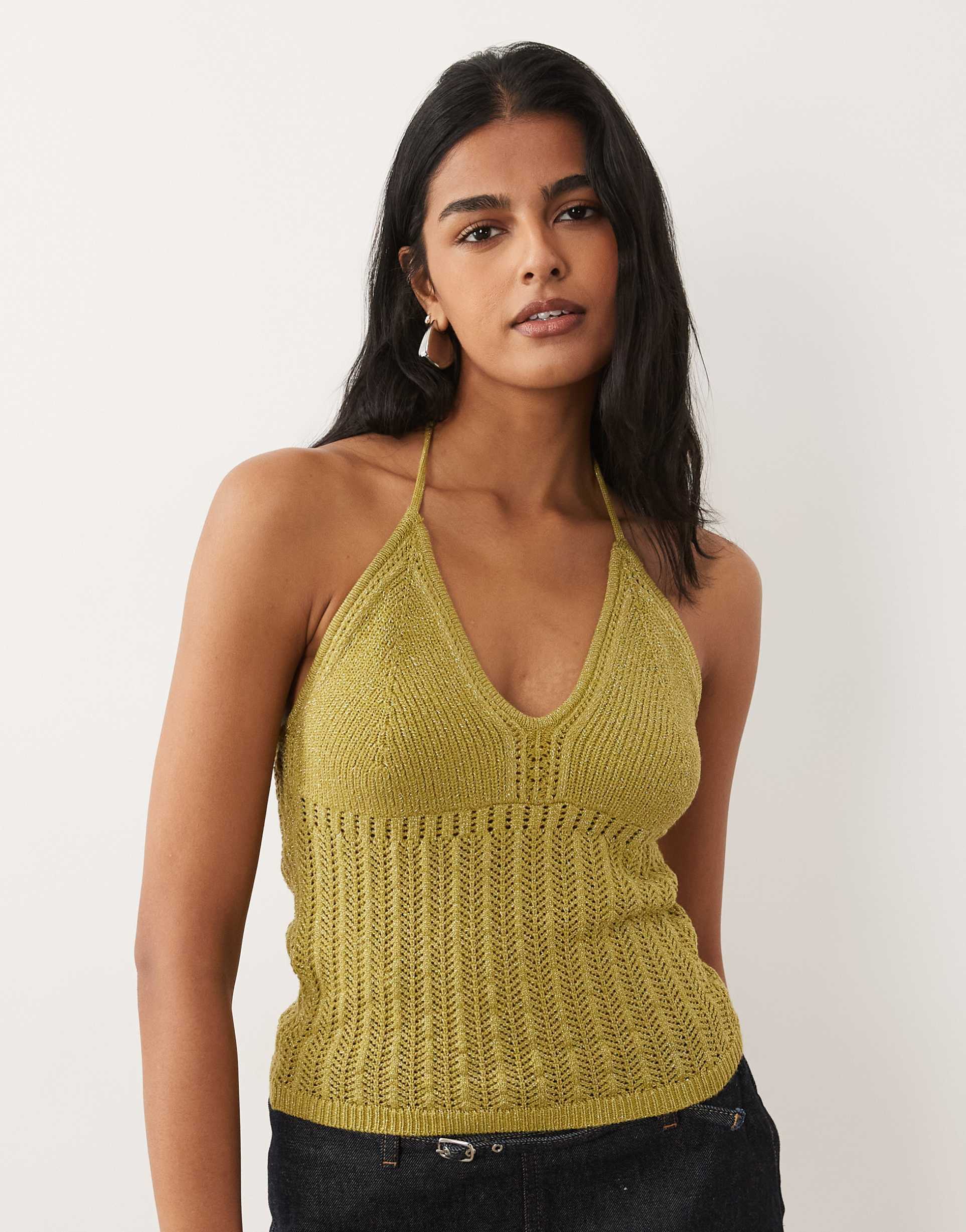 mango teen knit halterneck top in olive green