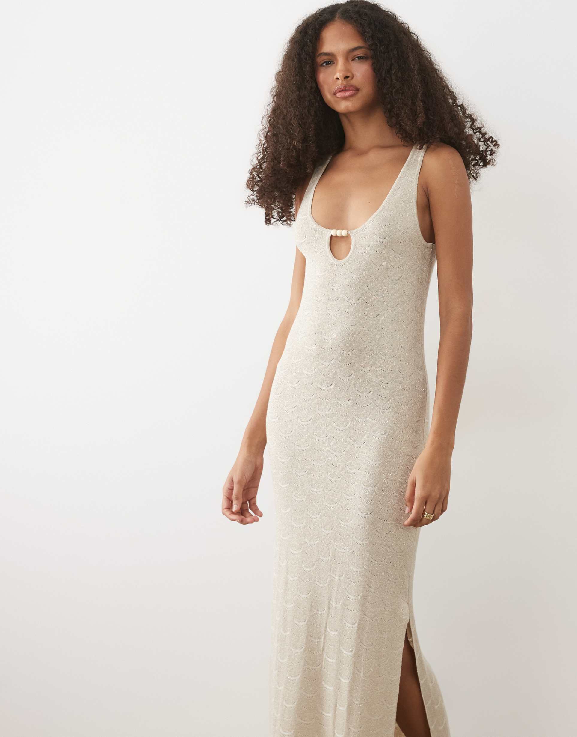 mango teen knit maxi dress with beading in gold