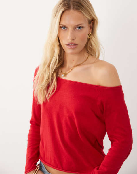 Mango Teen knit off the shoulder long sleeve top in red - view 1