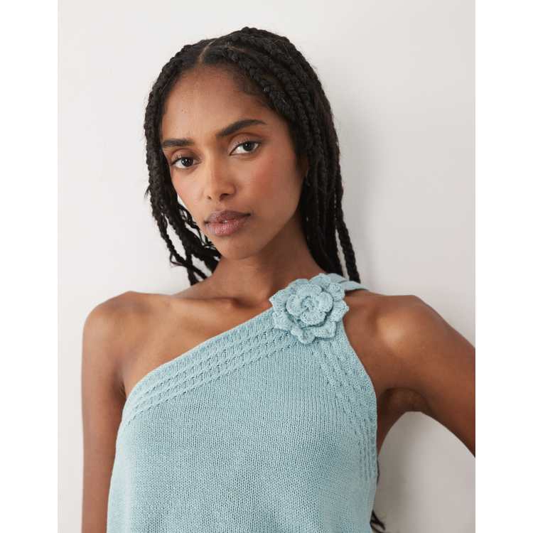 Mango Teen knit one-shoulder top with rosette in pastel blue | ASOS