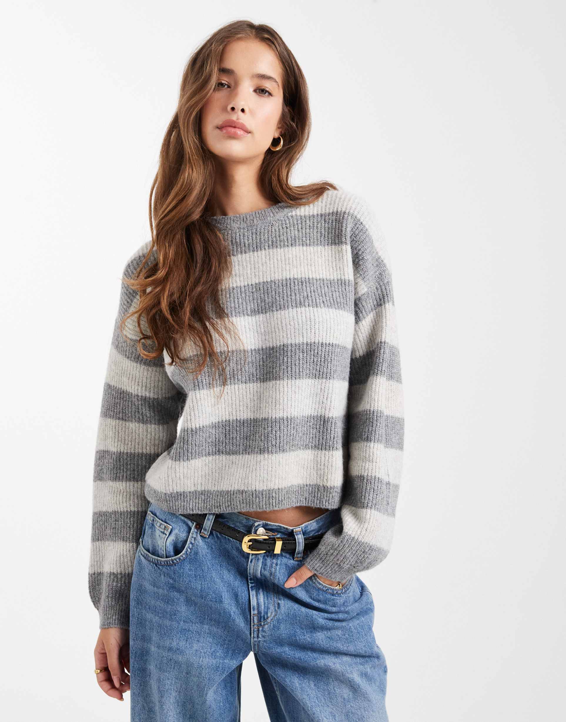 mango teen knit striped sweater in gray