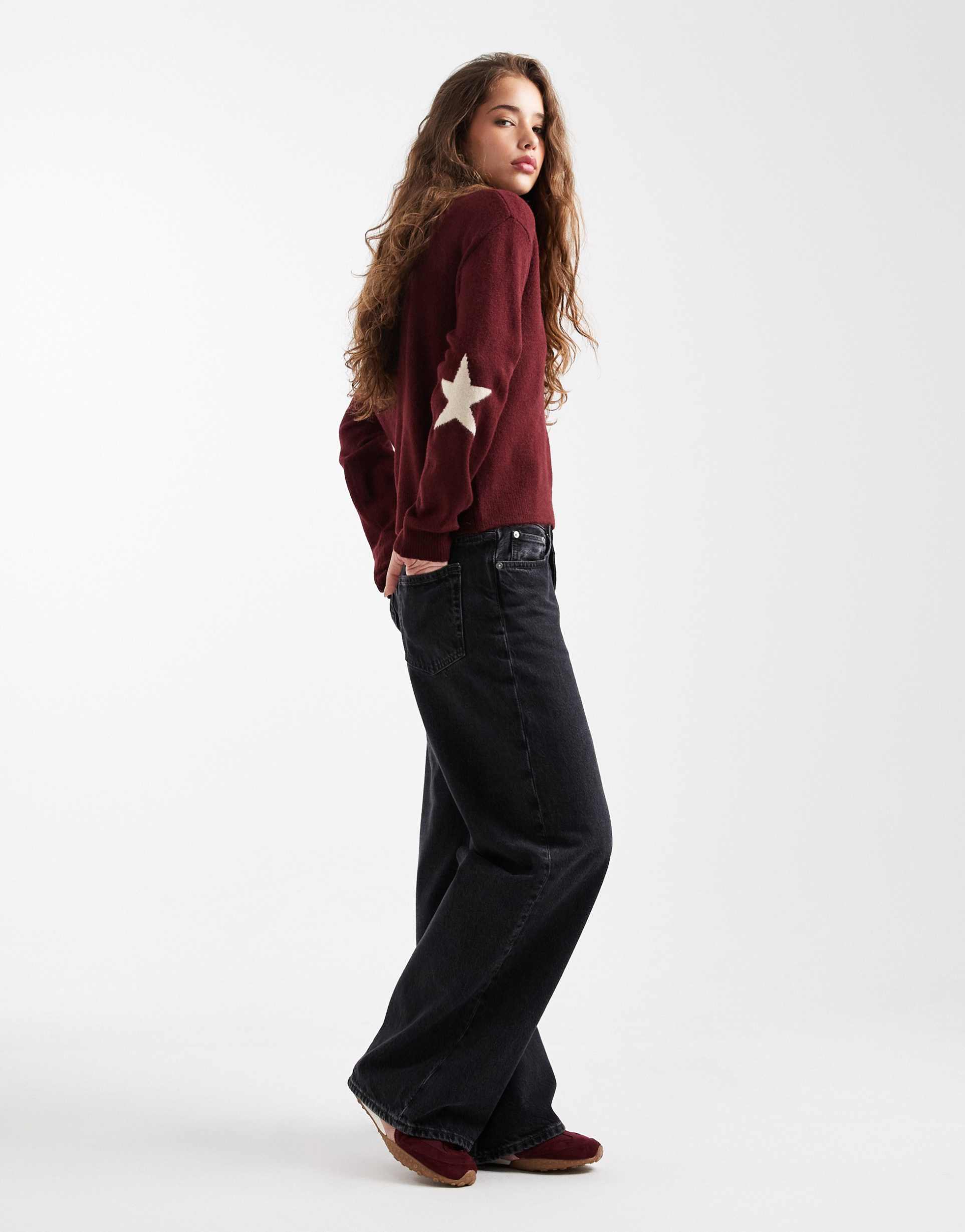 mango teen knit sweater with star detail in burgundy