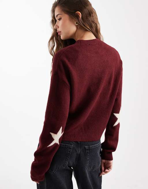 Mango Teen knit sweater with star detail in burgundy | ASOS