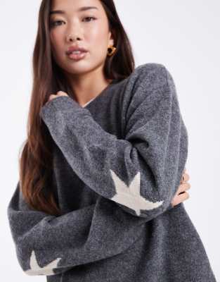 Mango Teen Knit Sweater With Star Detail In Gray