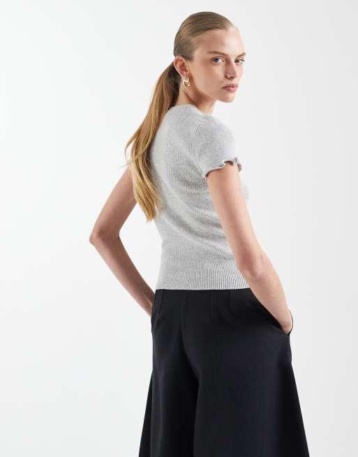 Mango Teen knit T-shirt with frill sleeve in light gray, 4 of 4