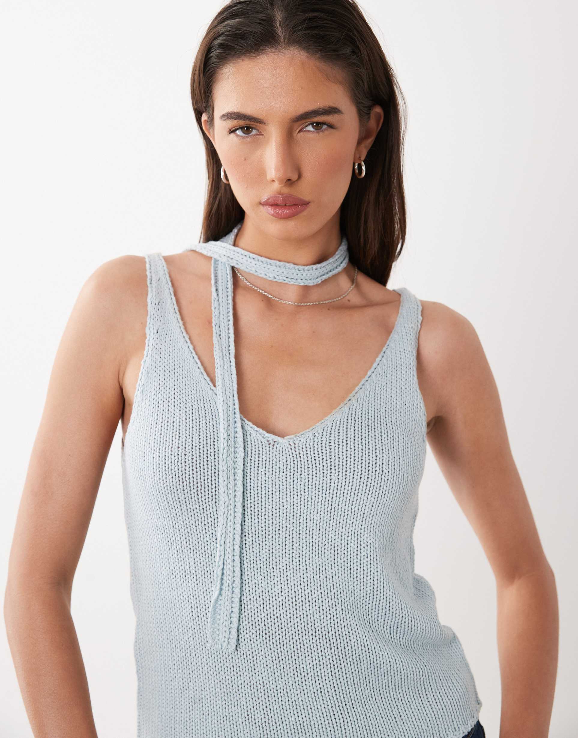 mango teen knit tank top with scarf in pale blue