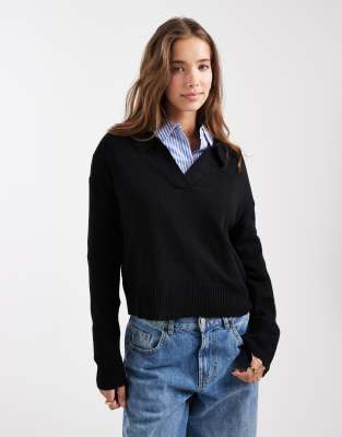 Mango Teen Knit V-neck Sweater In Black