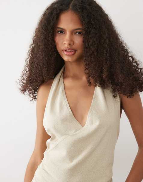 Mango Teen knit wrap halterneck top in gold - view 1