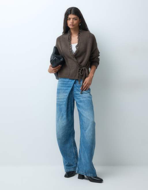 Mango Teen knitted cardigan with fringing in brown, 2 of 5