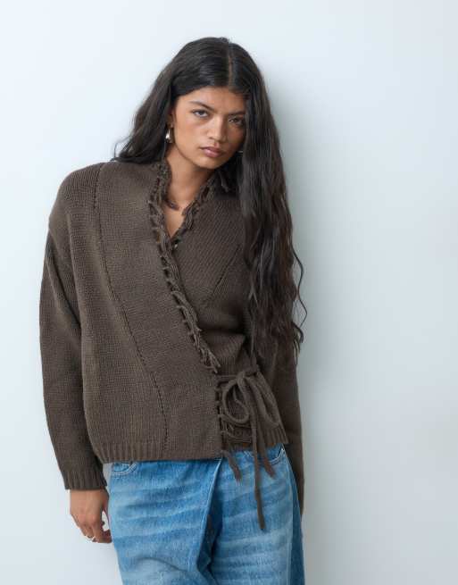 Mango Teen knitted cardigan with fringing in brown, 4 of 5