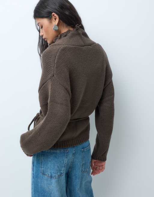 Mango Teen knitted cardigan with fringing in brown, 5 of 5