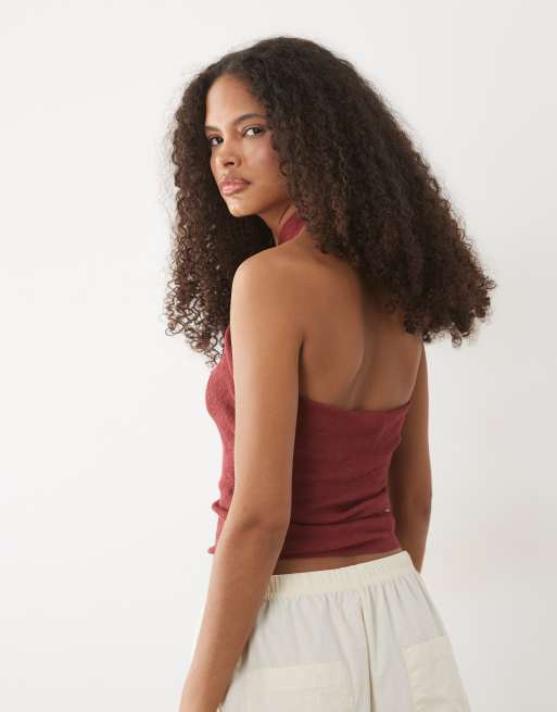 Mango Teen knitted cross front halterneck top in red, 4 of 4