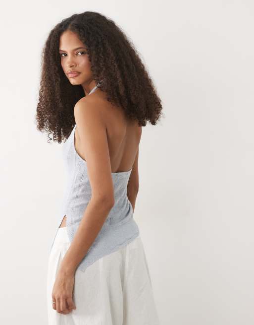 Mango Teen knitted halterneck asymmetric hem top in silver, 4 of 4