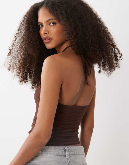 Mango Teen knitted halterneck top in brown, 2 of 4