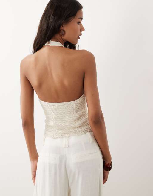Mango Teen knitted halterneck top with button detail in beige, 3 of 4