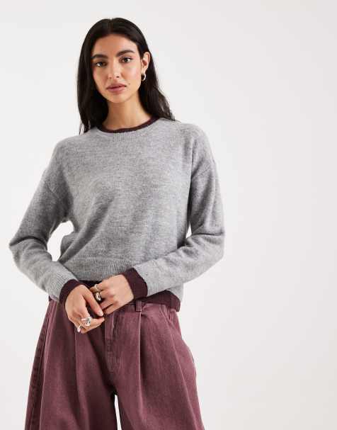 Mango Teen knitted jumper in light grey with burgundy trim - view 1