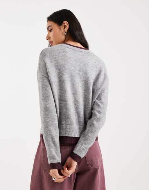Mango Teen knitted jumper in light grey with burgundy trim, 3 of 4