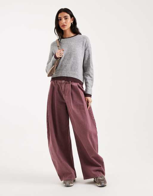 Mango Teen knitted jumper in light grey with burgundy trim, 4 of 4