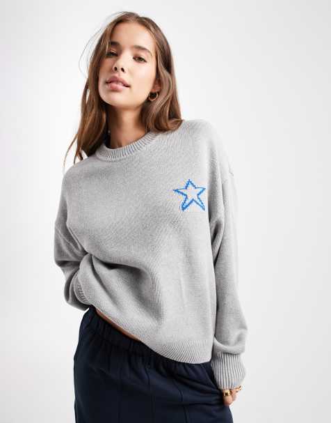 Mango Teen knitted jumper with embrdoiered star in grey - view 1