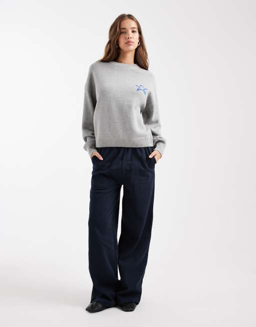 Mango Teen knitted jumper with embrdoiered star in grey , 3 of 4