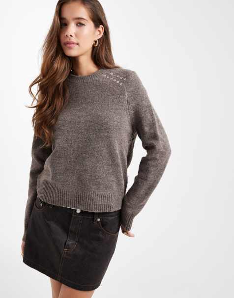 Mango Teen knitted jumper with eyelet detail in brown