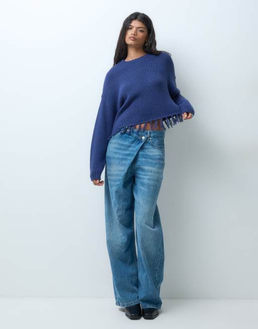 Mango Teen knitted jumper with fringing in cobalt blue, 2 of 5