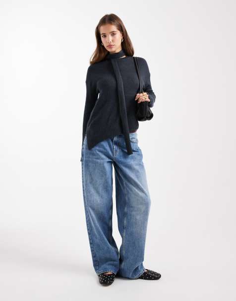 Mango Teen knitted jumper with scarf detail in charcoal - view 1