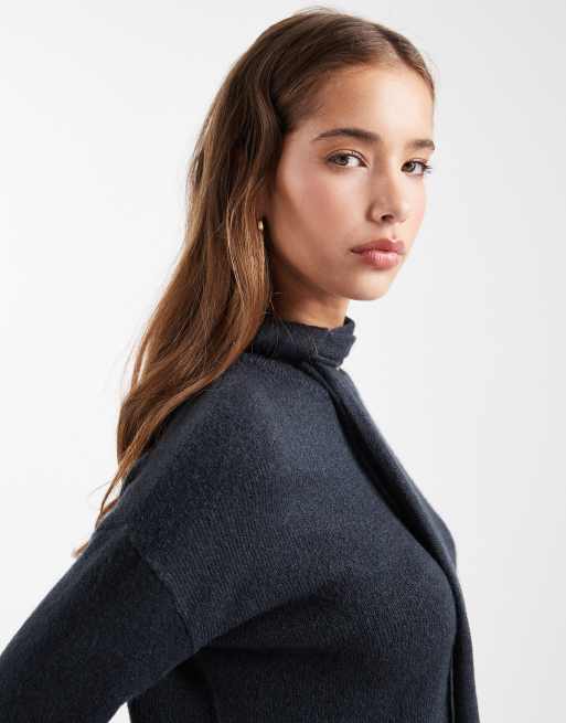 Mango Teen knitted jumper with scarf detail in charcoal , 2 of 4