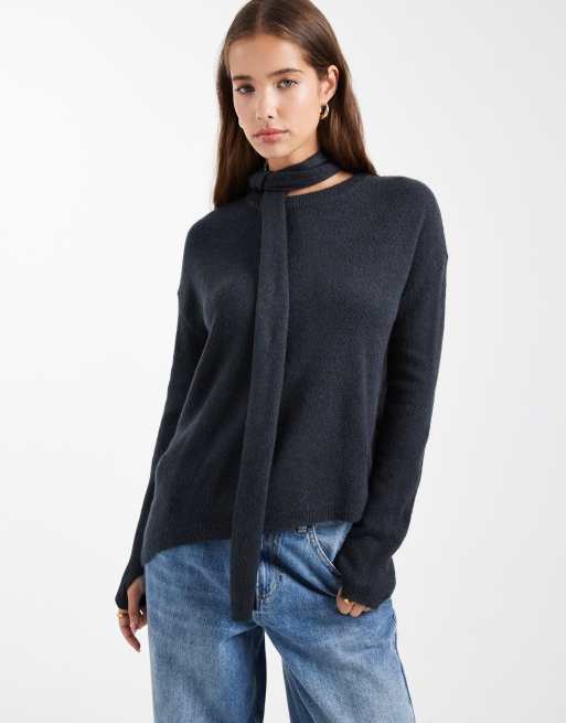 Mango Teen knitted jumper with scarf detail in charcoal , 3 of 4