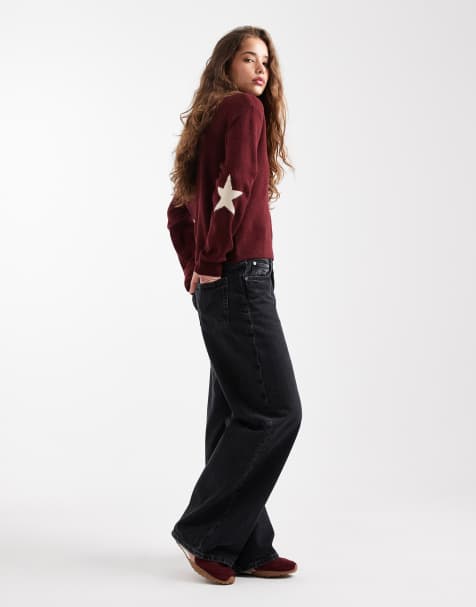 Mango Teen knitted jumper with star detail in burgundy 