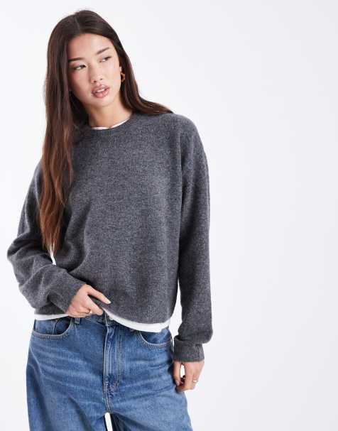 Mango Teen knitted jumper with star detail in charcoal 